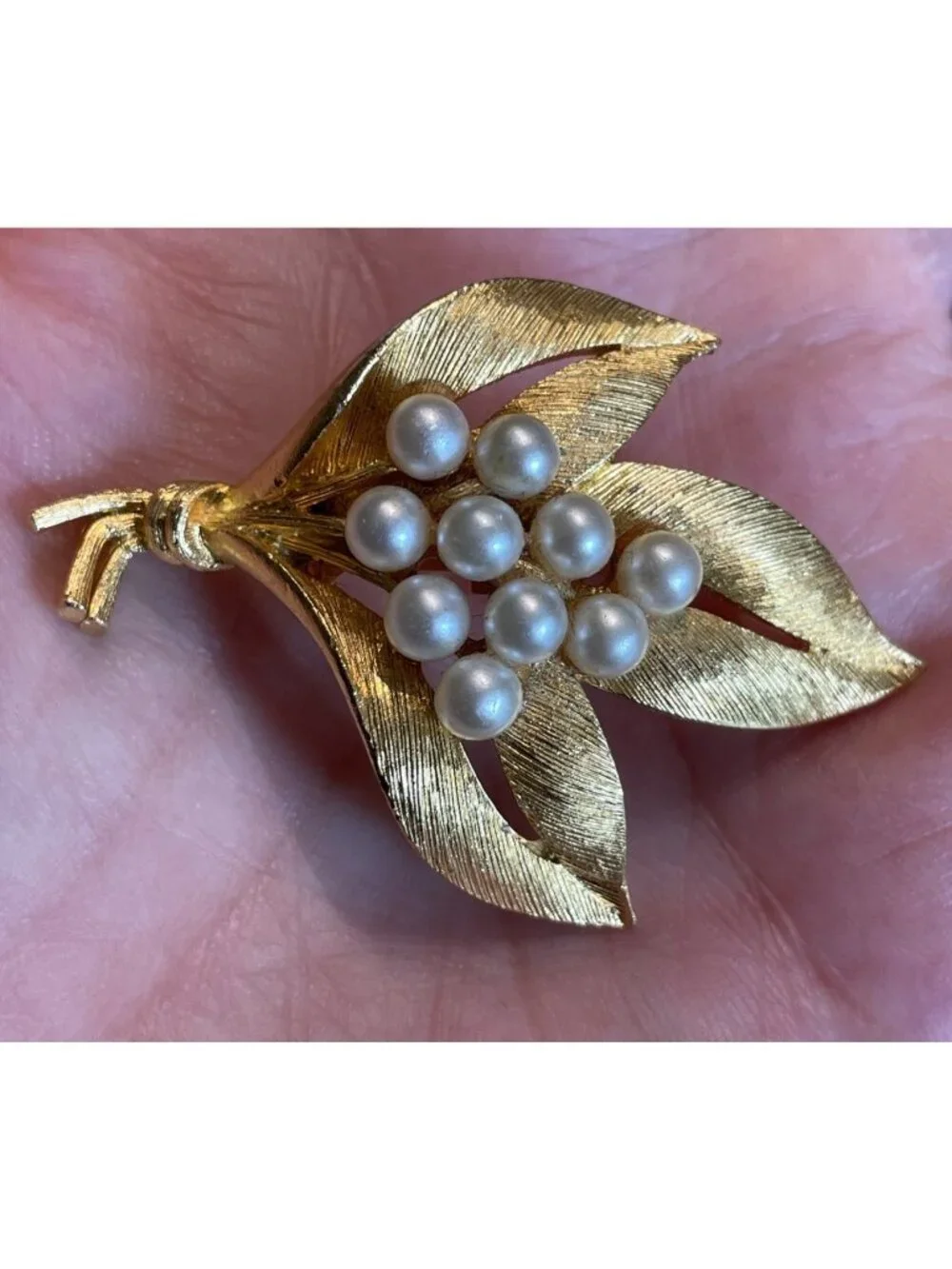 Vintage JJ Leaf Brooch Gold-Tone Faux Pearl Figural Pin Jonette Jewelry Signed